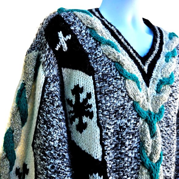 Vintage 1980s Novo Knit Sweater Mohair Blend V Neck Graphic Pullover - Picture 9 of 13